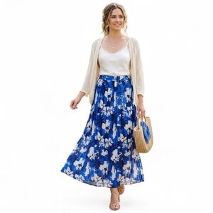 NWT Joie Blue Feminine Floral Pleated Maxi Skirt XL